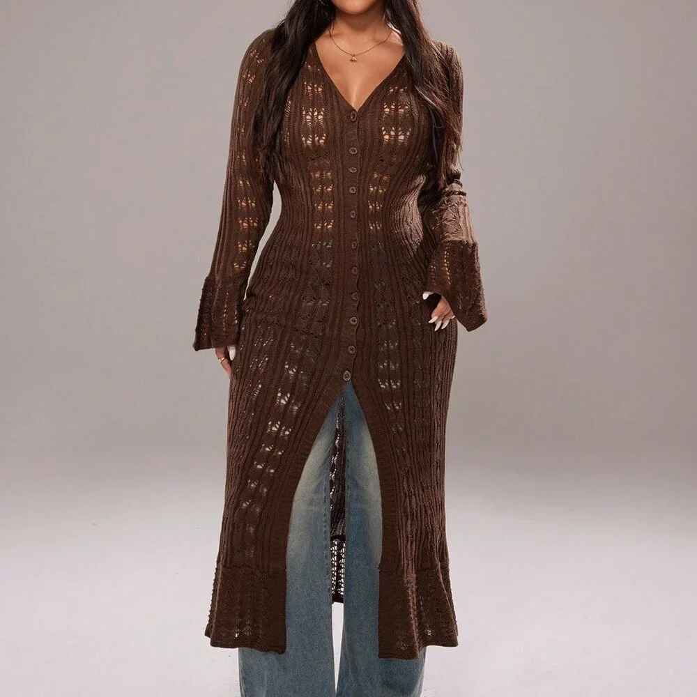 Coffee Brown Casual Women's Long Cardigan - Picture 3 of 7